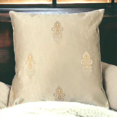 Cushion Covers Champagne Damask Embroidered Gold Two Tone 18 x 18" Inch 45x45cm - Image 1 of 4