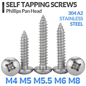 Phillips Pan Head 304 A2 Stainless Steel Self Tapping Screws M4 M5 M6 M8 Tappers - Picture 1 of 121