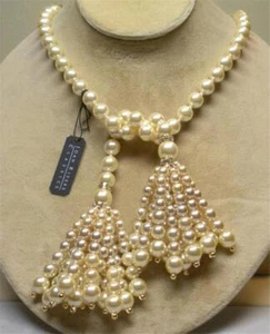 JOAN RIVERS GOLD EP FAUX PEARL CZECH GLASS BEAD 46" LARIAT NECKLACE TASSEL NEW - Picture 1 of 4