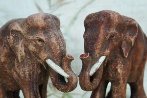 Rustic Clay Elephant Figurine Set, Solid Clay, Very Heavy, Mid Century, Bookends - Picture 1 of 15
