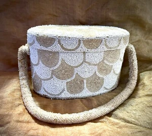 Vintage Delill White & Gold Seed Bead Oval Bucket Box Purse Handbag - Picture 1 of 10