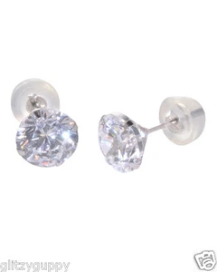 14k White Gold Clear CZ Stud Earrings Silicone Pushbacks Round Prong Zirconia - Picture 1 of 1