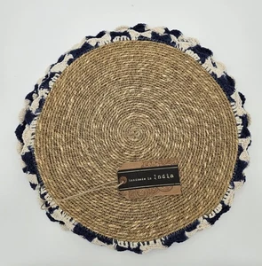 Nuevos manteles individuales tejidos a mano con borde azul y blanco, paja tejida rústica, juego de 4, India - Imagen 1 de 4