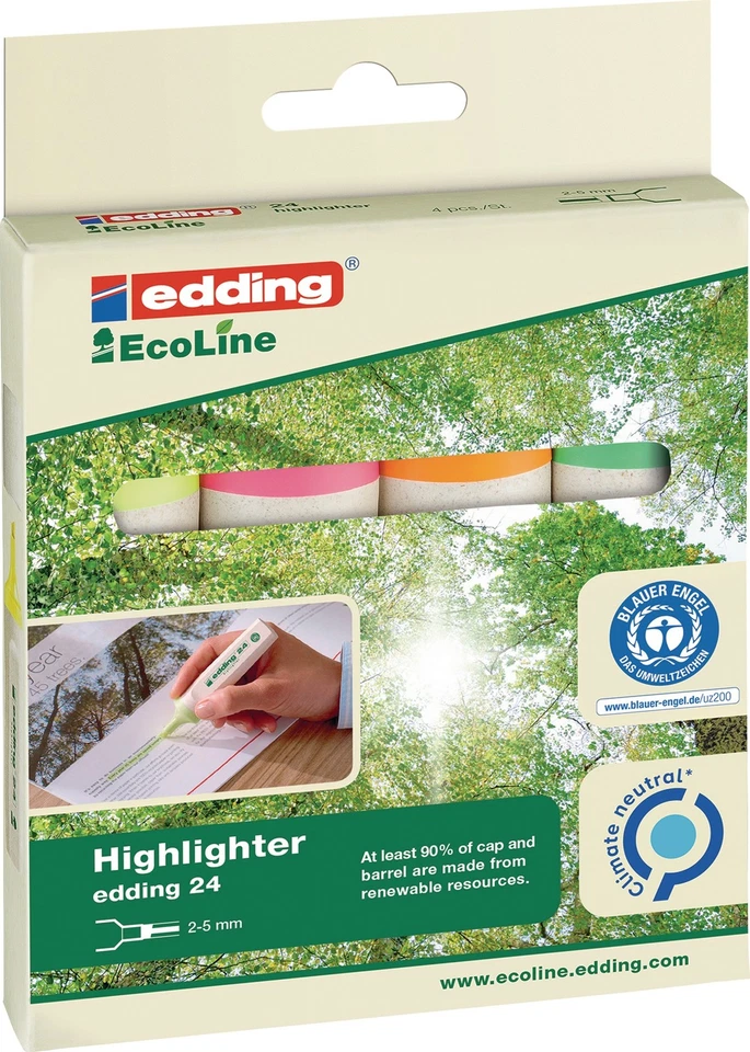 Textmarker 24 EcoLine Neonfarben gelb /orange/rosa/hellgrün Strich-B.2-5mm Stift - Bild 1 von 1