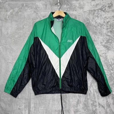 Chaqueta cortavientos vintage ASICS Track para hombre mediana verde negra bloques de color años 90 Foto 1 de 4
