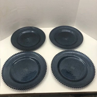 Cross-stitch Pattern Glass Charger 13" Dinner Plate W/ Beaded Rim Set of 4 NIOB - Image 1 of 4