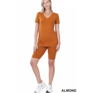Zenana Cotton V-Neck Top & Biker Shorts set (Almond)-Medium - Picture 1 of 3