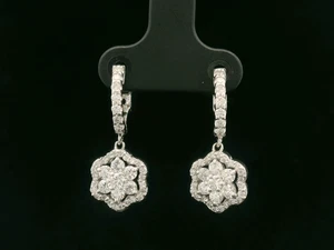Pair of 14ct White Gold & Diamond Flower Cluster Drop Earrings - Picture 1 of 15