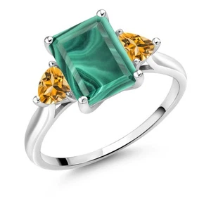 10K White Gold Green Malachite and Citrine 3 Stone Engagement Ring For Women - Picture 1 of 4