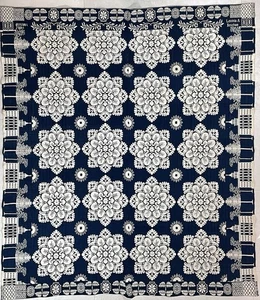Antikes Jacquard Coverlet signiert 1800er Indigo Floral Double Weave 85 x 75 - Bild 1 von 18