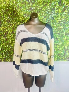 Brand New Multi Color Stripe Sweater Medium With Puff Sleeves Women’s Cream - Picture 1 of 1