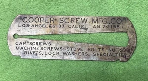 Vintage Advertising “Cooper Screw Mfg, Co” Los Angeles Ca Standard Screw Gauge - Picture 1 of 4