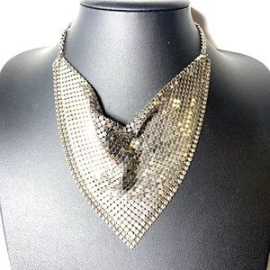 Vintage 1970s Silver-tone Mesh Scarf/Bib Necklace Retro Disco chain mail - Picture 1 of 7