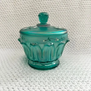 Fenton Art Glass Aquamarine Green Floral Design Lidded Candy Dish Marked Rare - Picture 1 of 10