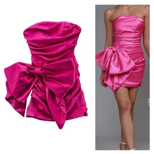 Trägerloses Damen Minikleid Größe XS Hot Pink Rüschen Schleife Cocktail HOCO Party Abschlussball - Bild 1 von 12