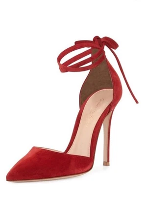 Zapatos de salón GIANVITO ROSSI de gamuza roja con corbata al tobillo D'Orsay talla 38,5 buen estado Foto 1 de 4