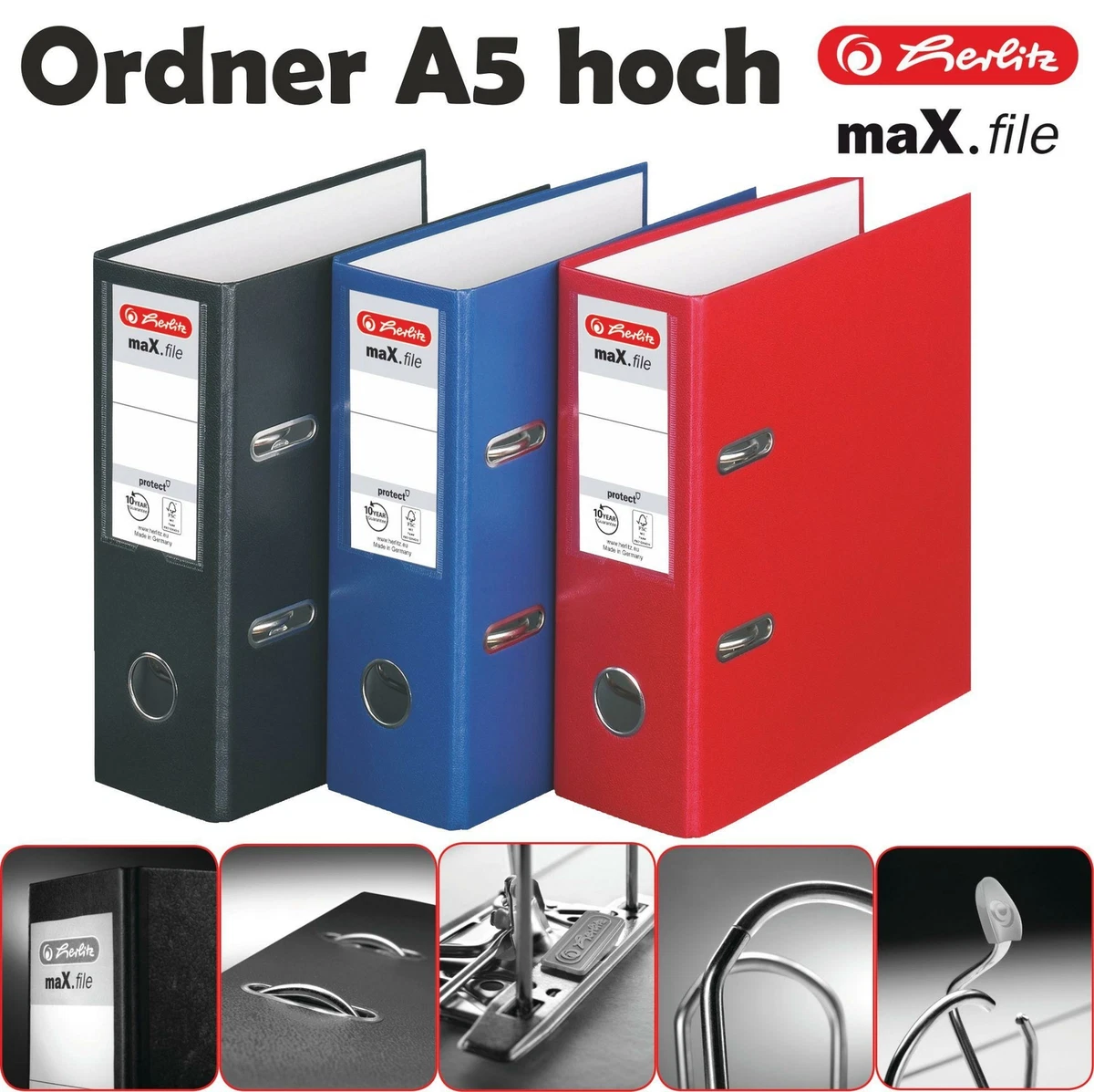Herlitz Ordner A5 Quer, 8 Cm Rücken, Aus Kunststoff – In Schwarz, Blau Oder Rot, Mit Hebelmechanik