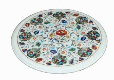 12" round Marble side end table top semi precious stones inlay home decor - Image 1 of 4