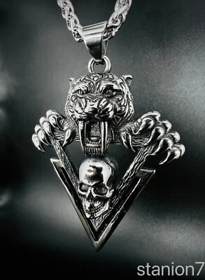 Skull Anhänger Tiger Totenkopf Edelstahl Dreieck Halskette Silber Biker KE037 - Bild 1 von 4