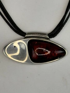 Vintage V8 Modern Polish Dark Amber & Sterling Pendant on Cord - Picture 1 of 5