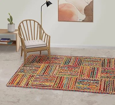 Jute and Chindi Braided Rug Mix Fabric Patchwork Looking Modern Area Rug In US - Image 1 of 4