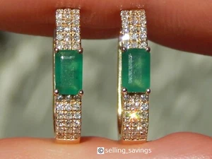 14K YELLOW GOLD EFFY EMERALD & DIAMOND PAVE 6/10th LEVERBACK HUGGIE EARRINGS - Picture 1 of 7