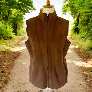 Sherpa Lined Lands End Zip Up Faux Suede Warm Vest Size M/P Medium Petite Brown - Picture 1 of 18