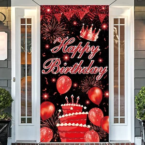 3X6Ft Red Black Birthday Party Door Banner Cake Balloon Crown Happy Birthday Bac - Picture 1 of 12