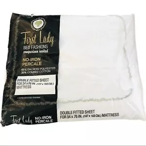 NEU VINTAGE FIRST LADY DOPPEL VOLL SPANNBETTLAKEN BÜGELFREI PERKAL LAKEN WEISS - Bild 1 von 5