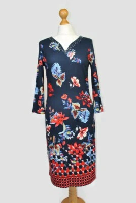 Designer Betty Barclay Navy Floral Rhinestone Embellished Jersey Pencil Dress 10 - Image 1 of 4