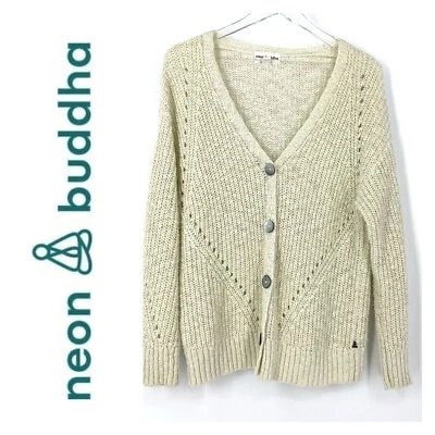 Cárdigan Suéter NEON BUDDHA S Marfil Punto Pointelle Playa Boho Cottagecore Foto 1 de 4