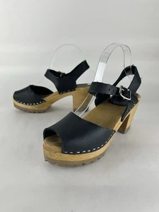 Mia Greta Sandalen schwarz Leder schwedischer Clog Holzsohle Damen EU 39 US 8,5 - 9 - Bild 1 von 8