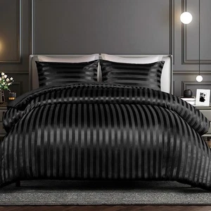 3-Piece Reversible Silky Soft Queen Comforter Set Luxury Stripe Satin Comfort... - Picture 1 of 8