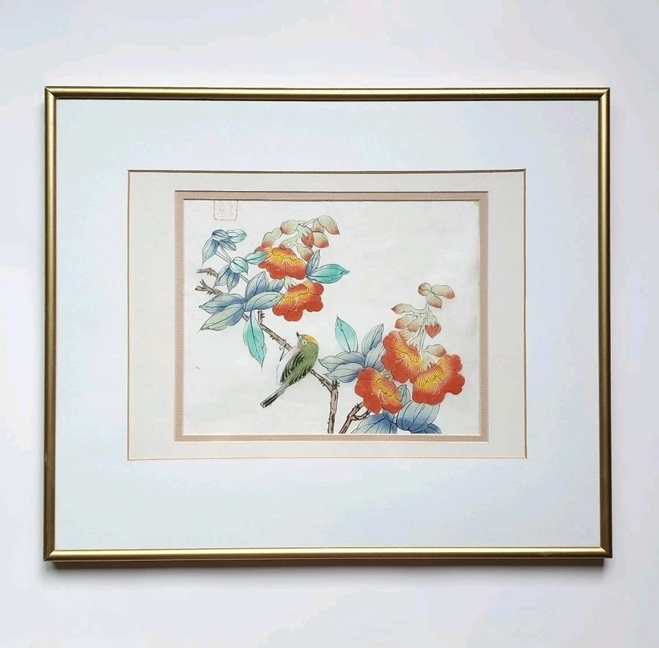 Pintura de seda asiática original de colección firmada enmarcada pájaro flores naranjas Kacho-ga Foto 1 de 4