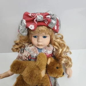Vintage 1980’s Sad Crying 16" Girl w/ Attached Broken Teddy Bear Porcelain Doll - Picture 1 of 9