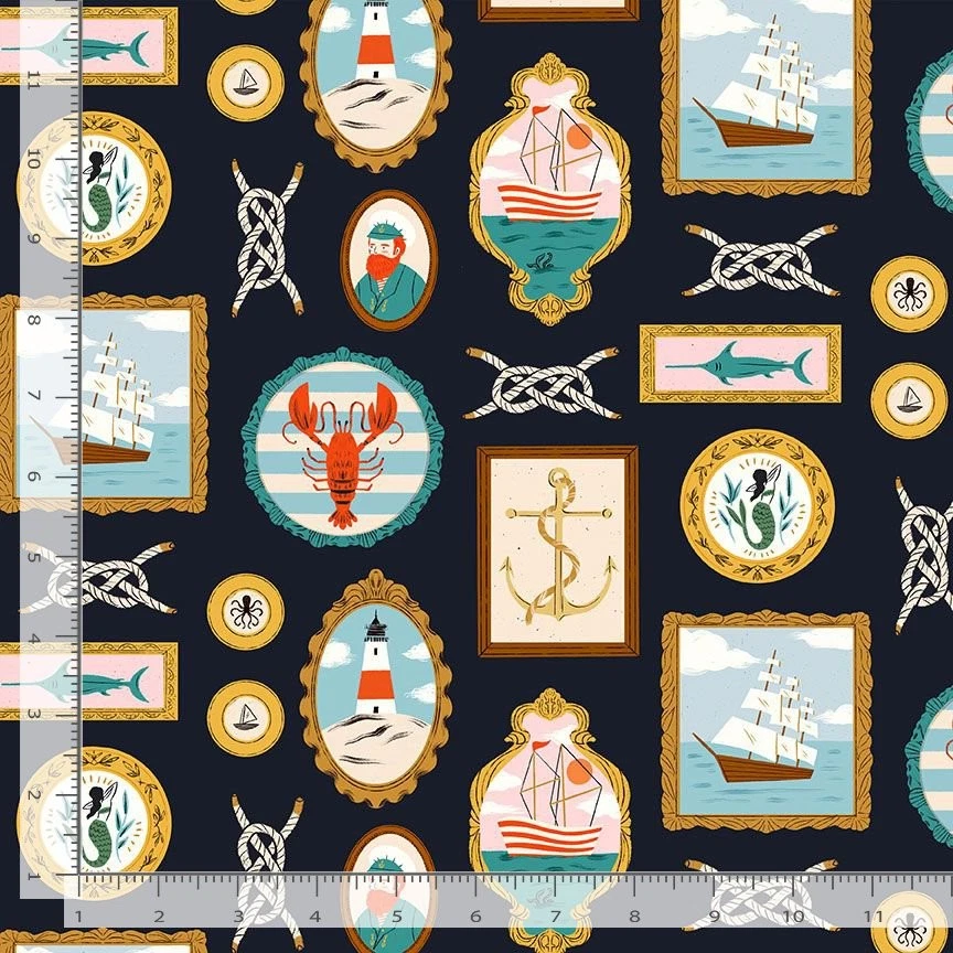 Tecido náutico | Retrato de nó de veleiro marítimo azul marinho | Dear Stella YARD - Imagem 1 de 1