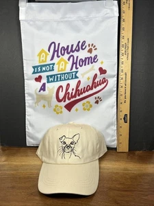 Combo de gorra de béisbol/bandera de jardín cabeza de chihuahua bordado negro perro mamá papá bronceado - Imagen 1 de 12