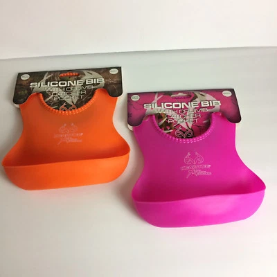 Lot of 2 Pink & Orange Realtree Silicone Bib with crumb catcher pocket New - Image 1 of 4