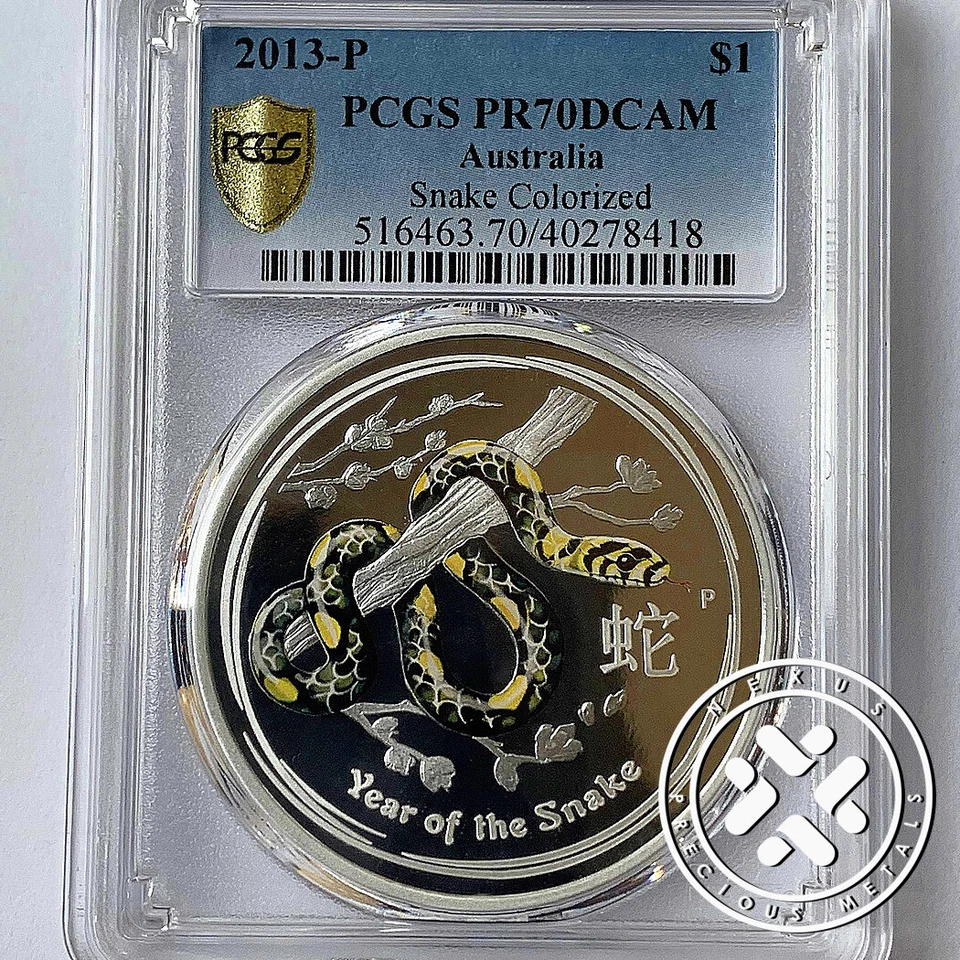 2013-P NGC PR 70 DCAM AUSTRALIA 1 OZ SILVER COLORIZED SNAKE $1 COIN BLACK YELLOW - Image 1 of 4