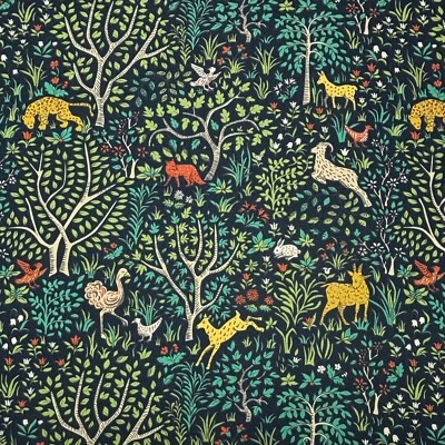 ROBERT ALLEN FOLKLAND ADMIRAL BLUE CHEETAH FOREST ANIMALS FABRIC BY YARD 54"W - Image 1 of 4