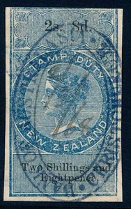 1867 New Zealand 2/8 fiscal revenue stamp, Barefoot #22, used, imperforate - Picture 1 of 4