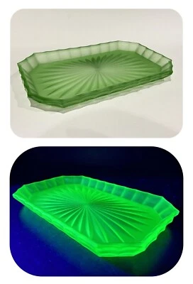 ⭐Large Art Deco 1930s Frosted Green Cut Crystal Vaseline Glass Tray Strong Glow⭐ - image 1 of 4