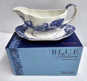 Nuevo plato y plato de salsa Spode azul italiano de porcelana Gravy Boat y placa inferior - Imagen 1 de 5