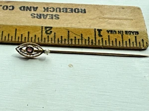 Victorian Eye Shape 10K Yellow Gold Amethyst Seed Pearl Filigree Stick Pin - Picture 1 of 7
