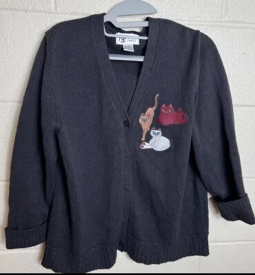 Cárdigan Suéter Vintage Años 90 “Maggie Sweet” Tejido Gato Bordado- Gato Loco Dama Foto 1 de 4