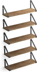Wood Floating Shelves for Wall Storage Natural Burned Small Bookshelf Set of 5 - Picture 1 of 8