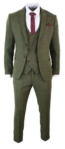 Custom Size Green Plaid Check 3 Pieces Tweed Men Suit Slim Fit Blazer Vest Pant  - Picture 1 of 9