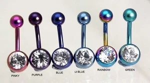 Solid Titanium Anodised (Colours)) Navel bar with Crystal gem - UK Manufactured - Picture 1 of 2