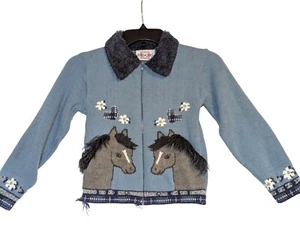 Kids Heartworks X-Large Blue Knit Horse Sweater W/ Fuzzy Collar & Zip Closure - Picture 1 of 9