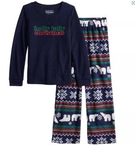 Girls Pajamas Christmas Holly Jolly Blue Polar Bear 2 pc Top Pants Fleece-sz 14 - Picture 1 of 7